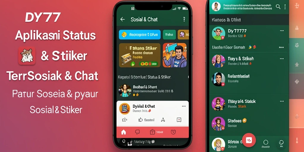 Antarmuka aplikasi DY777 menampilkan stiker lucu dan status yang menarik.